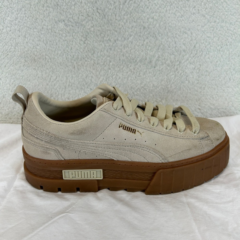 Puma Mayze Womens Oatmeal Team Gold Suede Platform Sneakers 380784-06 Size 8 - Picture 5 of 16